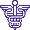 Purple healthcare symbol with a staff wrapped by two snakes and a pair of wings.