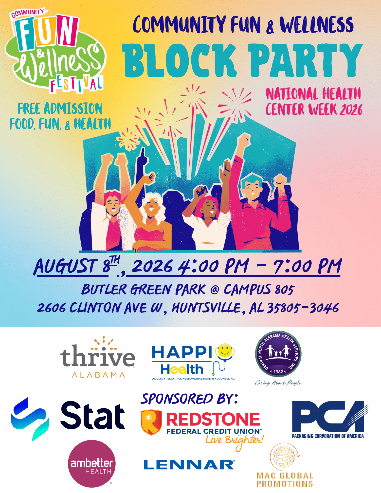 Flyer for the free Community Fun & Wellness Block Party on August 8, 2026, from 4–7 p.m. at Butler Green Park in Huntsville.